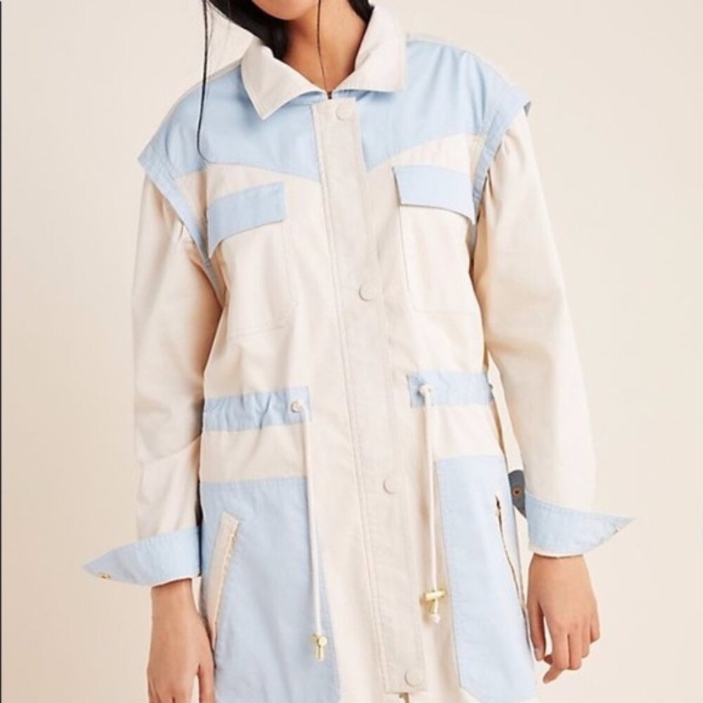 Anthropologie Women's Beige Blue Catelyn Colorblock Utility Anorak Jacket Size M
